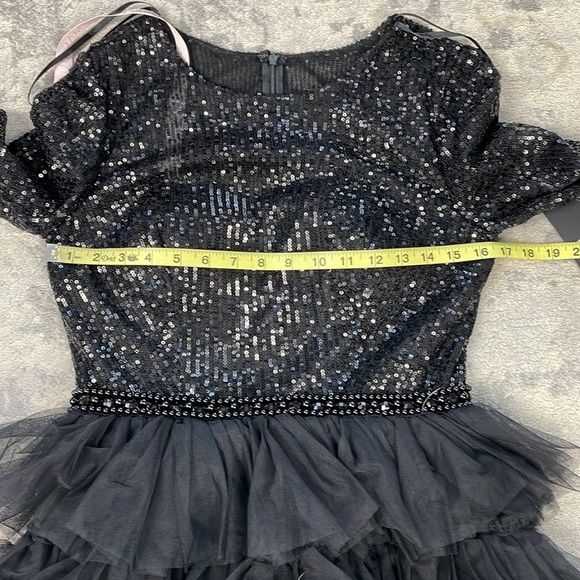 NWT Ieena Mac Duggal Black Long Sleeve Ruffle Tiered Midi Dress Sequin Sz 4 - Picture 9 of 16